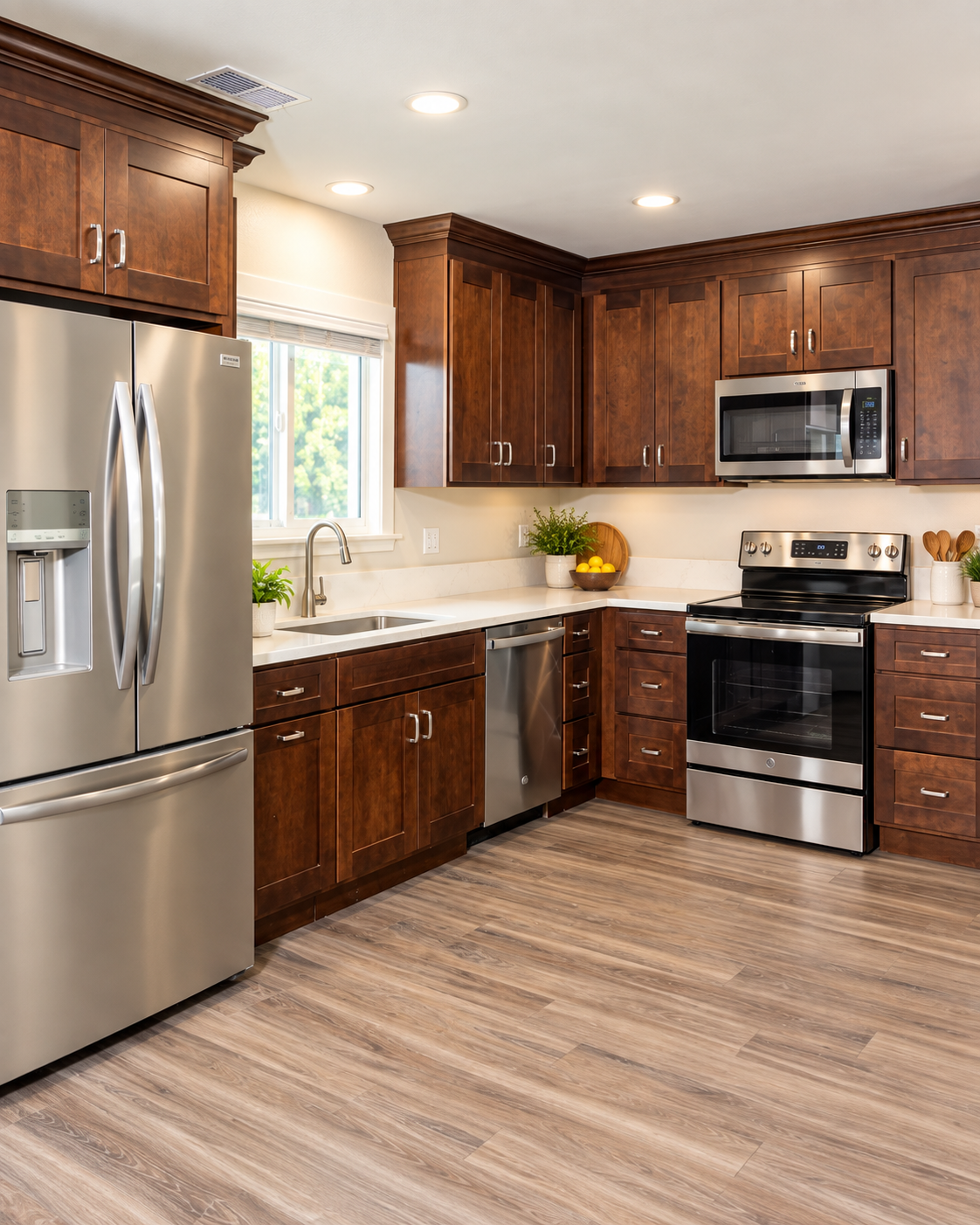 Cottage kitchen with wood cabinetry, stainless steel appliances, light countertops, and a window above the sink.