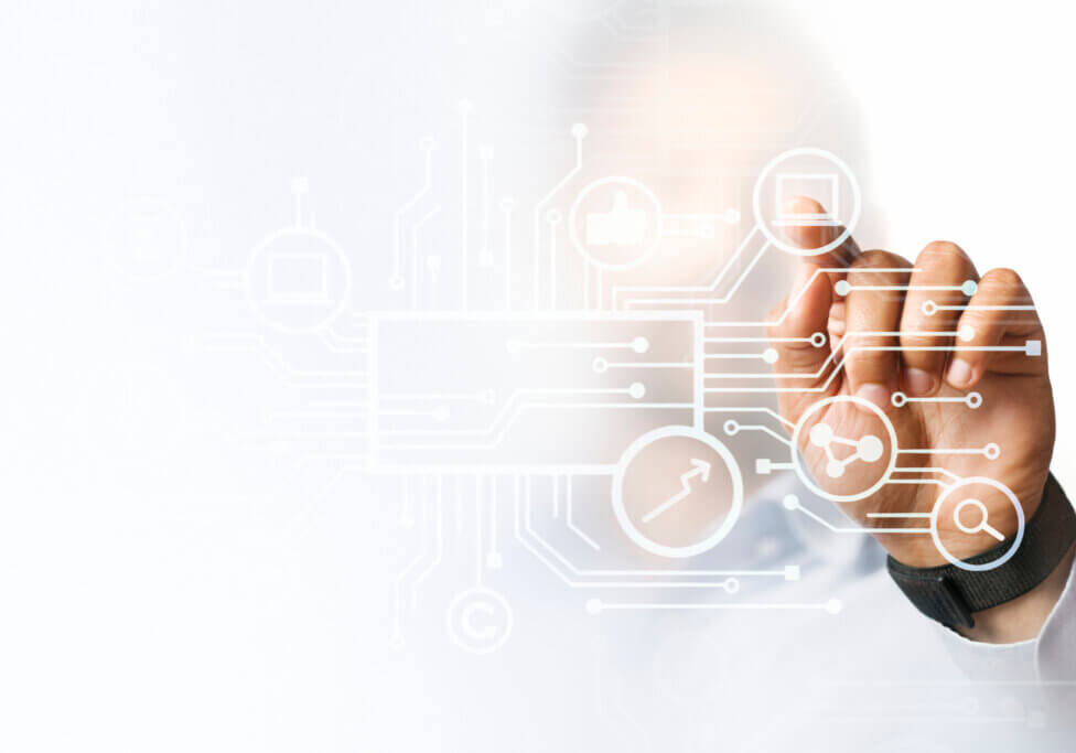 Businessman pointing at his presentation on the futuristic digit